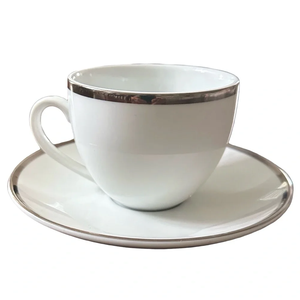 Williams Sonoma Brassiere White Porcelain Platinum Trim Cup & Saucer Set of Four